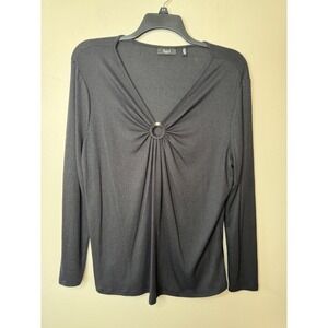 Ella Rafaella Black Ribbed O-Ring V-Neck Long Sleeve Top Plus Size 1X